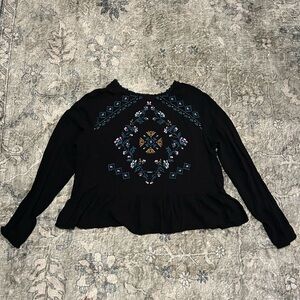 Xhilaration Black Blouse with Blue Embroidery
